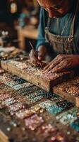 Craftsman carefully arranges colorful gemstones on a wooden display at a workshop in the early morning light photo