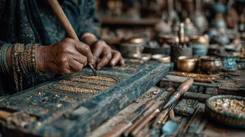 Craftsmanship in wood carving showcases skillful hands creating intricate designs in a bustling workshop photo