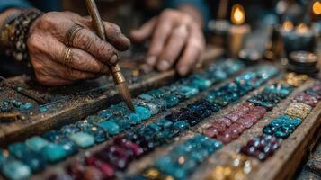 Skilled artisan arranging colorful gemstones in a workshop during evening hours, showcasing intricate craftsmanship and attention to detail photo