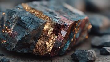 Stunning close-up of a mineral rock showcasing its shimmering golden veins in natural light photo