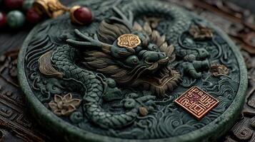 Intricate dragon design with gemstone accents displayed on an ornate surface photo