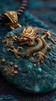 Detailed carving of a dragon on a jade pendant showcasing intricate designs and craftsmanship photo