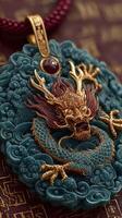 Intricate dragon pendant crafted from jade and gold showcasing fine details and traditional designs photo