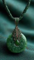 Beautiful green pendant with intricate design displayed on elegant fabric background photo