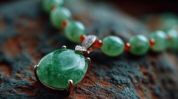 Elegant green jade necklace displayed on textured stone surface with soft lighting for a striking effect photo