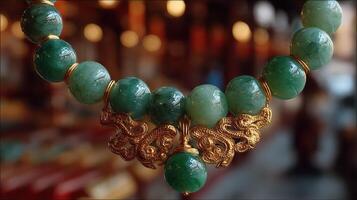 Elegant jade necklace adorned with intricate gold detailing showcased in a vibrant market during daytime photo