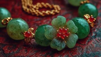 Elegant floral jade necklace with gold accents displayed on a textured red background photo