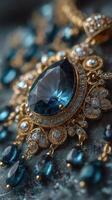 Intricate golden jewelry featuring a large blue gemstone adorned with delicate designs on a rich fabric background photo
