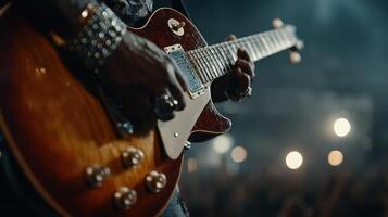 Electric guitar performance captivates audience during live concert in vibrant atmosphere photo