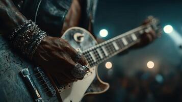 Musician passionately playing electric guitar during a live performance at a crowded venue in the evening photo