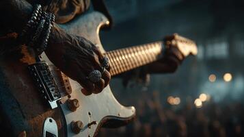 Musician plays electric guitar passionately during live performance in a vibrant venue with an energetic crowd photo