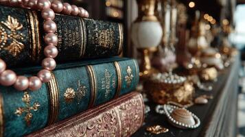 Elegant collection of vintage books and decorative items displayed on a wooden shelf in a cozy interior setting photo