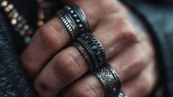 Hand adorned with multiple intricate rings showcasing detailed craftsmanship and unique designs in an artistic display photo