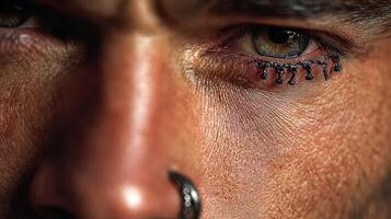 Intricate eye art highlights bold body modification during a cultural celebration in a vibrant urban setting photo