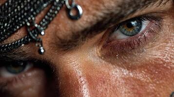 Intense gaze of a man adorned with chains and intricate accessories captured in a close-up view photo