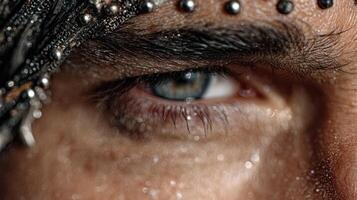 Close-up of an expressive eye adorned with beads during a cultural celebration in a vibrant setting at dusk photo