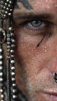 Detailed close-up of a person with unique style and piercings in an expressive moment photo