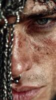 Close-up of an expressive face highlighting dramatic features and unique piercings during a personal moment of reflection in natural light photo