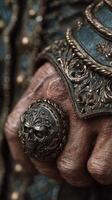 Intricate detail of a hand wearing a skull ring, showcasing rich textures and ornate design in dim lighting photo