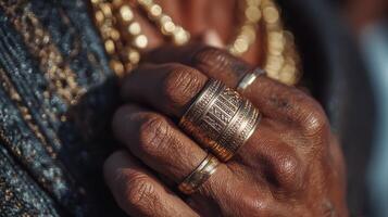 Unique metallic rings and ornate jewelry displayed on an elegant hand, showcasing craftsmanship and style photo