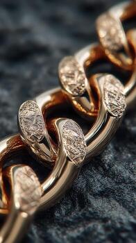 Intricate golden chain displayed on a soft black surface showcasing detailed engravings and craftsmanship photo