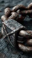 Rusty metal chain link resting on a textured surface in a close-up view showcasing industrial design features photo