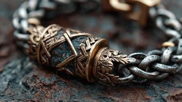 Intricate artisan bracelet featuring bronze and stone details on rustic background photo