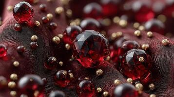 Beautifully arranged red gemstones and beads on deep burgundy fabric create an elegant composition with texture and shine photo