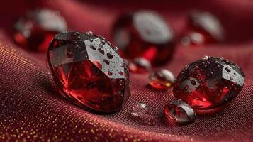 Sparkling red gemstones displayed on luxurious velvet fabric with droplets of water in soft lighting photo