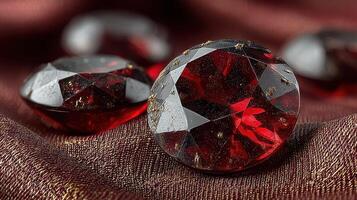 Glimmering red gemstones placed elegantly on rich, textured fabric during a soft, diffused light setting photo