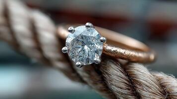 Elegant diamond ring displayed on textured rope with blurred background photo