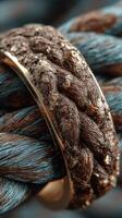Unique braided ring intertwined with textured blue and brown rope displayed on a contrasting background photo