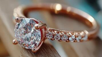 Close view of an elegant diamond ring resting on a wooden surface in soft natural light photo