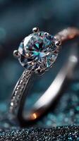 Elegant diamond ring showcased against a shimmering blue background highlighting intricate details and sparkle photo