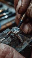 Craftsperson creating a handcrafted diamond ring at a workshop with detailed precision and skill photo