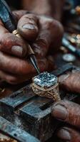 Skilled artisan crafting an intricate gemstone ring in a workshop filled with tools and materials photo