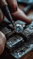 Craftsmanship shines as artisan works on a diamond engagement ring in a workshop setting photo