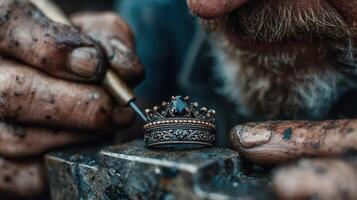 Skilled artisan carefully crafting an ornate ring with a gemstone in a workshop filled with tools and materials photo