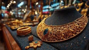 Intricately designed gold jewelry displayed at a local market in vibrant light photo