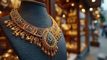 Intricate gold necklace displayed on a mannequin in a bustling market with colorful jewelry stands around photo