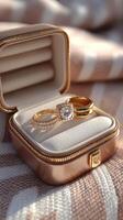 Elegant gold wedding rings displayed in a luxurious case with soft fabric backdrop in natural light photo