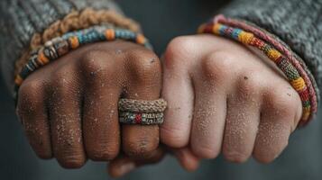 Hands of friendship displayed with colorful bracelets on a sandy beach during a sunny day photo