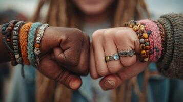 Friends celebrating unity through fist bump while showcasing colorful bracelets outdoors at sunset photo