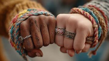 Colorful friendship bracelets represent bond between two diverse individuals at a vibrant community event photo