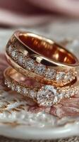 Elegant gold wedding rings with diamonds displayed on a vintage plate in soft light photo