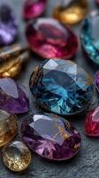 Collection of assorted gemstones showcasing vibrant colors and intricate cut patterns on a textured surface photo