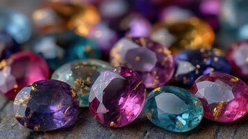Colorful gemstones sparkle under soft light on a textured stone surface photo