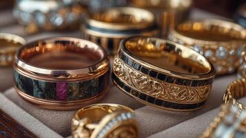Elegant collection of unique rings showcasing detailed craftsmanship and diverse materials for jewelry enthusiasts in a market setting photo