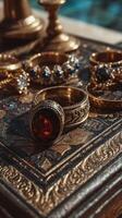Beautiful collection of vintage rings displayed on an intricate surface with golden details in natural light photo