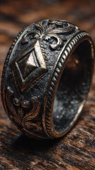 Intricate handcrafted ring with detailed design resting on a wooden surface photo